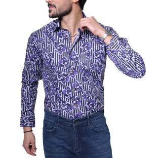 پیراهن مردانه آستین بلند طرح گل و راه‌راه بنفش