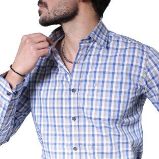 پیراهن مردانه آستین بلند چهارخانه آبی و کرم